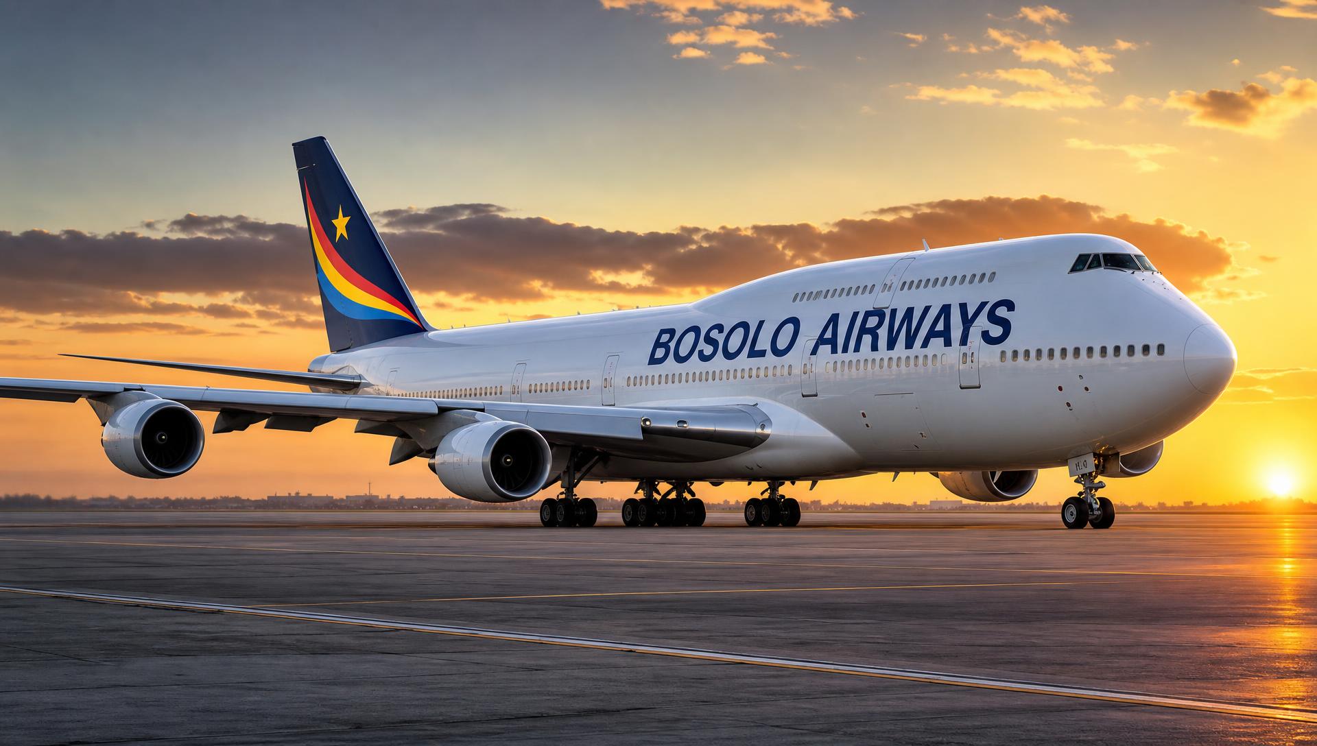 White Boeing 747 branded Bosolo Airways on the tarmac ready for takeoff at sunrise